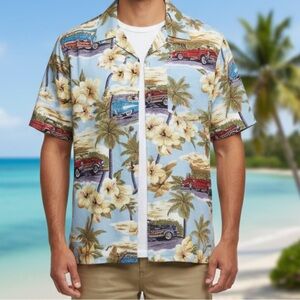 Men’s Hawaiian Shirt Island Collection Beautiful Classic Cars In Paradise XL New